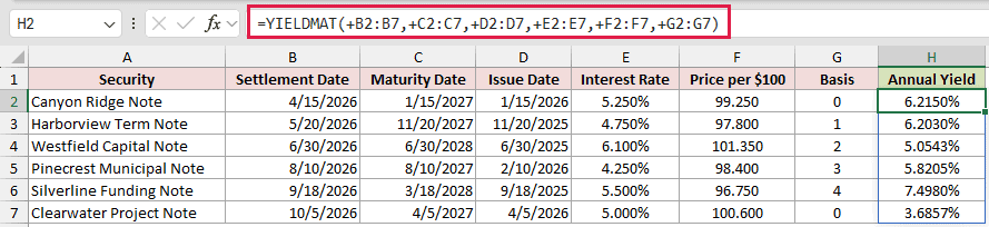 Spill Yields for Several Securities: formula in H2 and its calculated results in Excel.