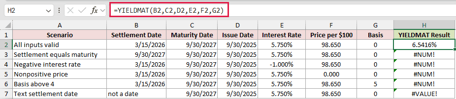 Recognize Intentional YIELDMAT Errors: formula in H2 and its calculated results in Excel.