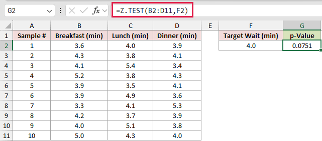 =Z.TEST(B2:D11,F2) in G2