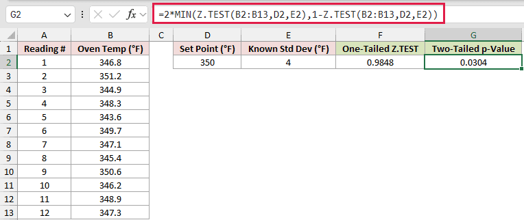 =2*MIN(Z.TEST(B2:B13,D2,E2),1-Z.TEST(B2:B13,D2,E2)) in G2