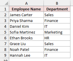 Employees sheet with Employee Name and Department headers and eight employees in A1:B9