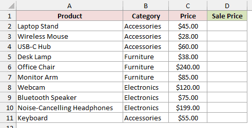 Price List shows Product, Category and Price in columns A to C, with Sale Price empty in D.