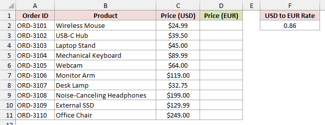 Order prices in US dollars with a USD to EUR rate in F2.