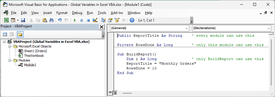 VBA editor shows Public ReportTitle and Private RowsDone above BuildReport, with Dim i declared inside.