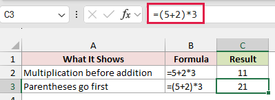 A second table row shows =(5+2)*3 returning 21 when parentheses put addition first.