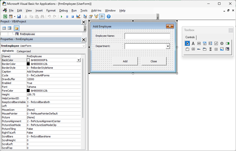 frmEmployee in the UserForm designer with Employee Name, Department, Add, and Close controls