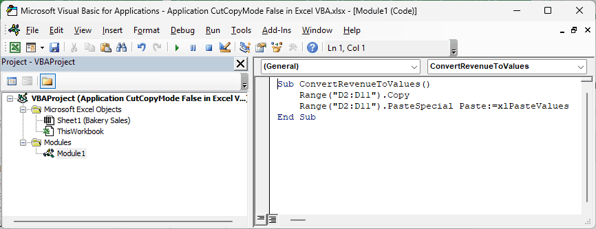 The VBA editor shows ConvertRevenueToValues copying D2:D11 and pasting the calculated values back into those cells.