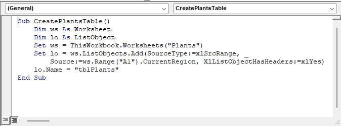 VBA editor module containing the CreatePlantsTable macro for the Plants sheet