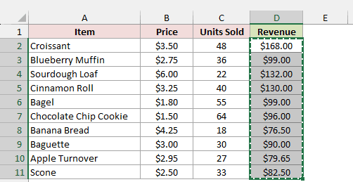 Revenue cells D2:D11 hold plain values while the moving dotted border remains around the copied range.