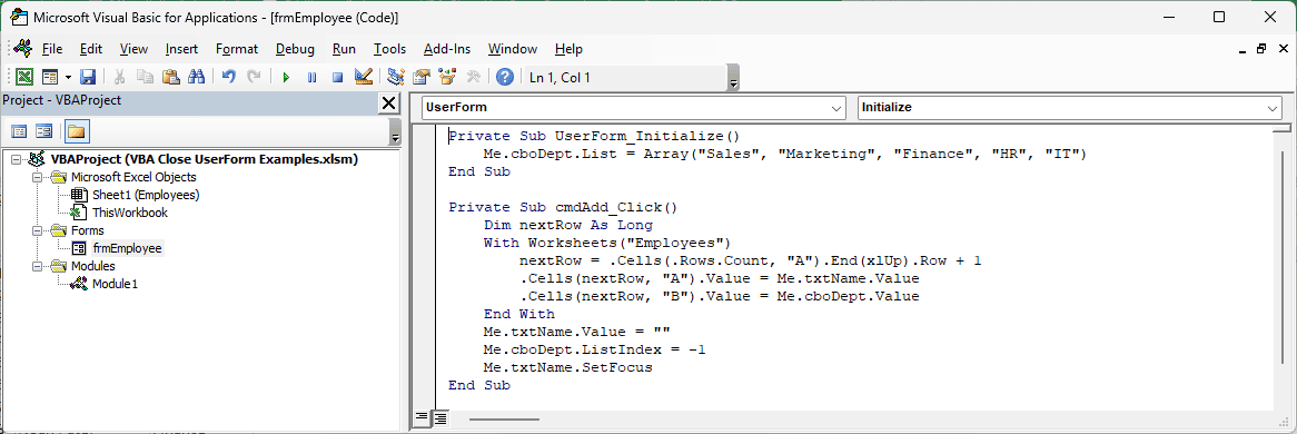 frmEmployee code window showing UserForm_Initialize and cmdAdd_Click