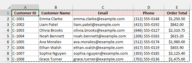 Customer Contacts range A1:E9 surrounded by the moving dotted copy border.