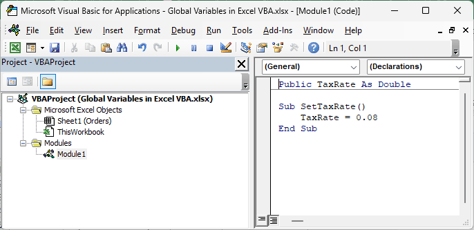 Module1 declares Public TaxRate As Double and sets it to 0.08 in SetTaxRate.