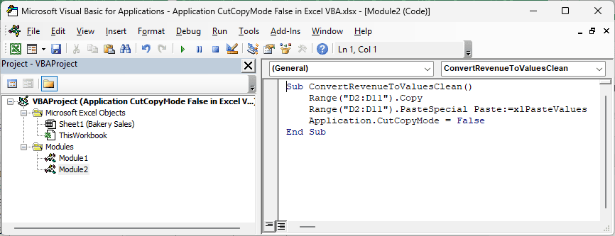 The VBA editor shows ConvertRevenueToValuesClean setting Application.CutCopyMode = False after pasting Revenue values.
