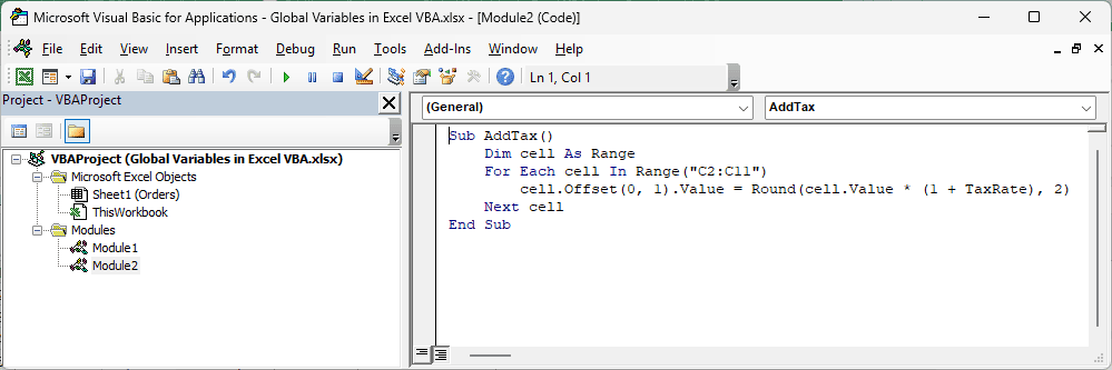 Module2 shows AddTax using TaxRate to calculate amounts with tax in column D.