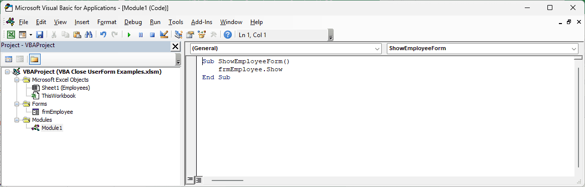 ShowEmployeeForm macro in Module1 opening frmEmployee