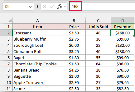 Selected cell D2 shows 168 in the formula bar, with no moving border around the Revenue cells.