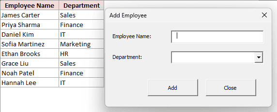 Add Employee UserForm open over the Employees worksheet