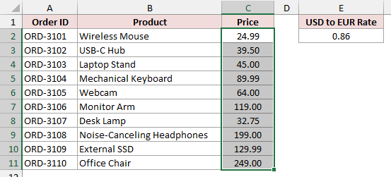 Select the prices in C2:C11.