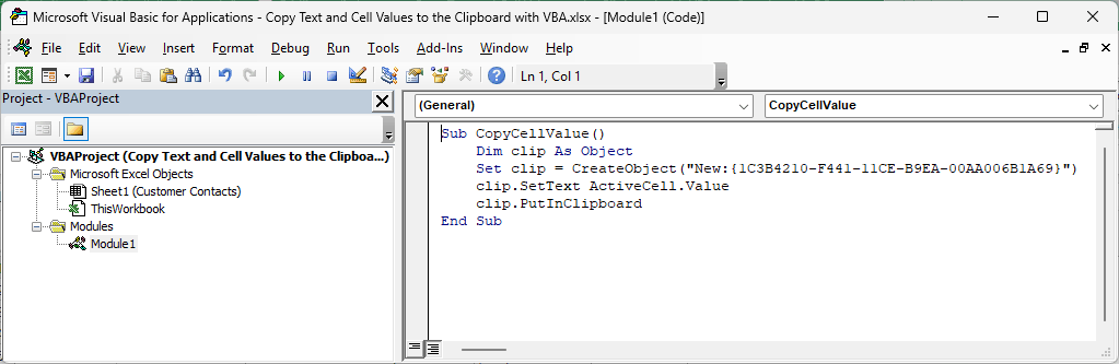 VBA editor showing CopyCellValue using a DataObject to copy the active cell value.