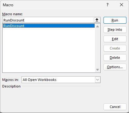The Macro dialog lists RunDiscount, while ApplyDiscount is absent because it requires arguments.