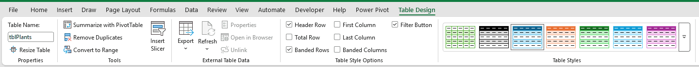 Table Design tab with tblPlants displayed in the Table Name box
