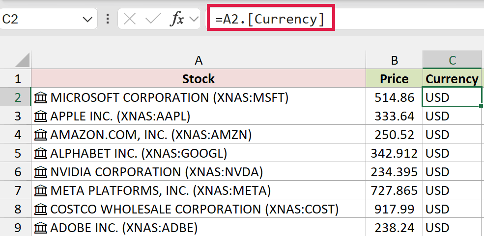 Extract the Currency field alongside the stock price.