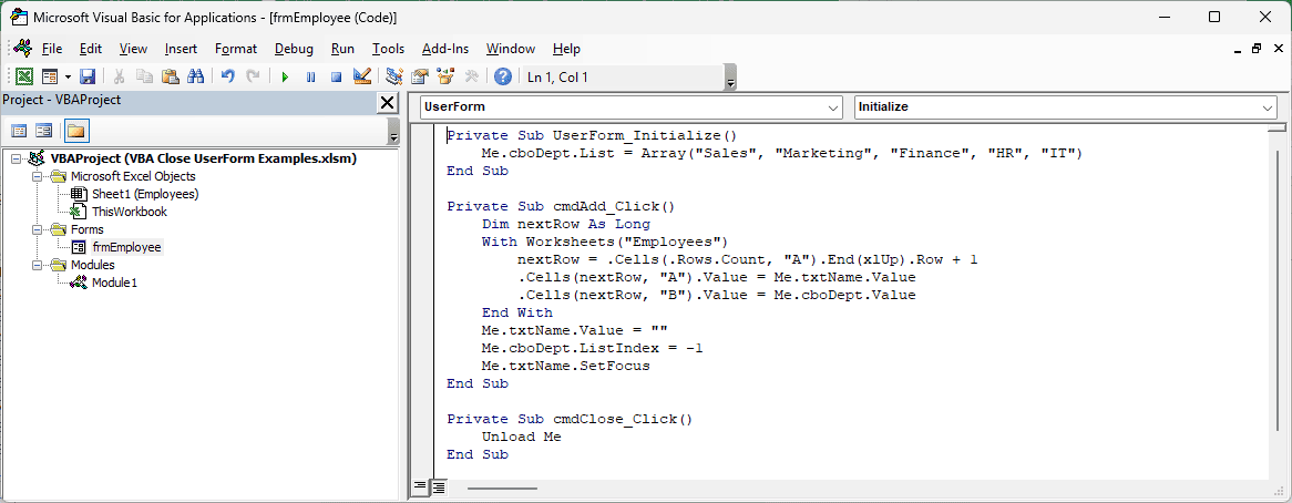 frmEmployee code window showing cmdClose_Click with Unload Me