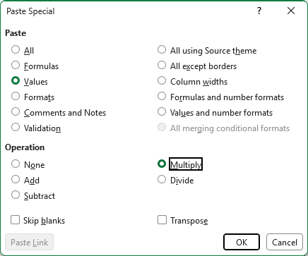 Paste Special dialog with Values and Multiply selected.
