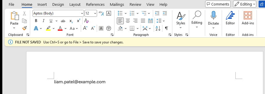 A Word document showing liam.patel@example.com pasted from cell C3 as plain text.