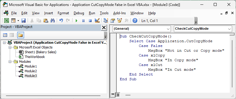 The VBA editor shows CheckCutCopyMode using Select Case to read Application.CutCopyMode and display the current state.