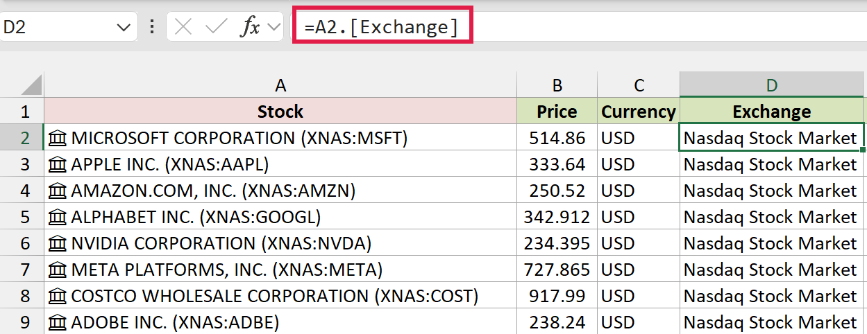 Extract the Exchange field to identify the stock listing.