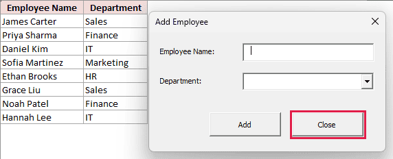 Add Employee UserForm with the Close button highlighted