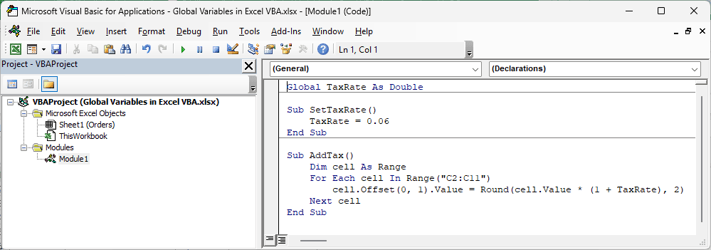 VBA code declares Global TaxRate As Double, sets it to 0.06 and uses it in AddTax.