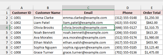 Customer Contacts sheet with C4 selected, showing Olivia Brooks's email, olivia.brooks@example.com.