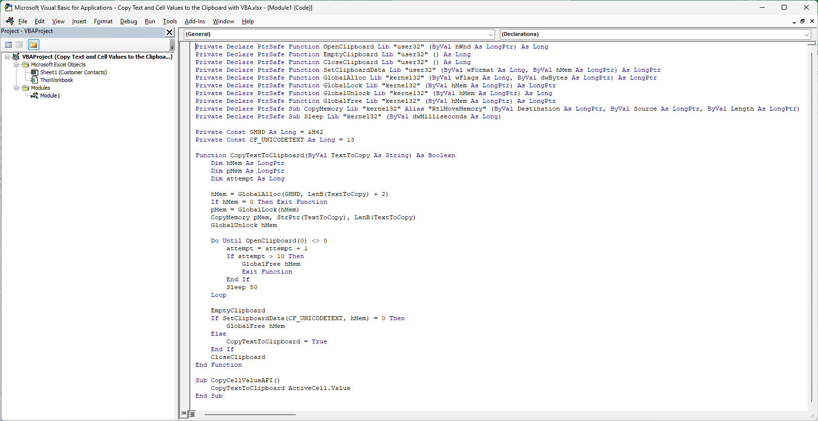 VBA editor showing Windows API declarations, CopyTextToClipboard, and CopyCellValueAPI in a module.