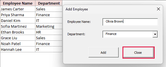 Olivia Brown and Finance entered in Add Employee with the Close button highlighted