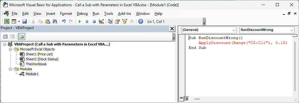 The VBA editor marks a call with parentheses but no Call keyword in red.