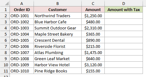 The Orders table has ten rows of data and a blank Amount with Tax column.
