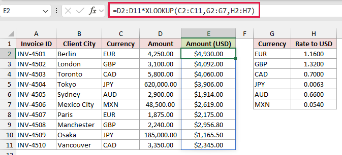XLOOKUP pulls each currency's rate and converts the amount to USD.