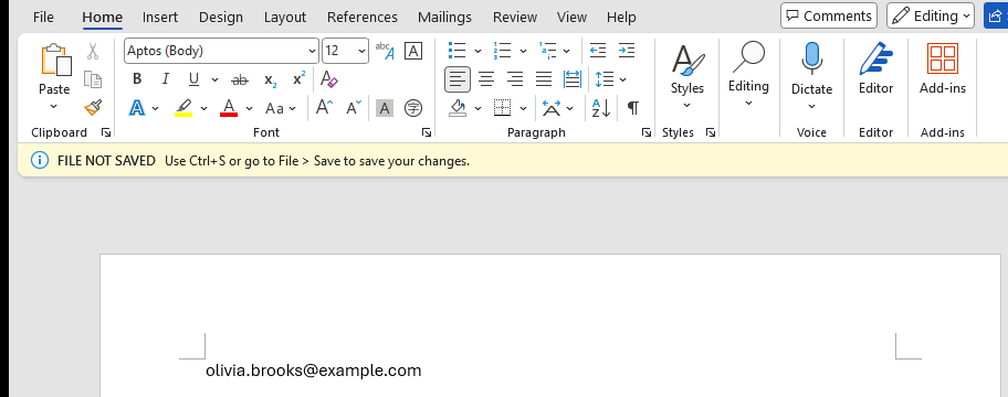 A Word document showing olivia.brooks@example.com pasted after running the Windows API macro.