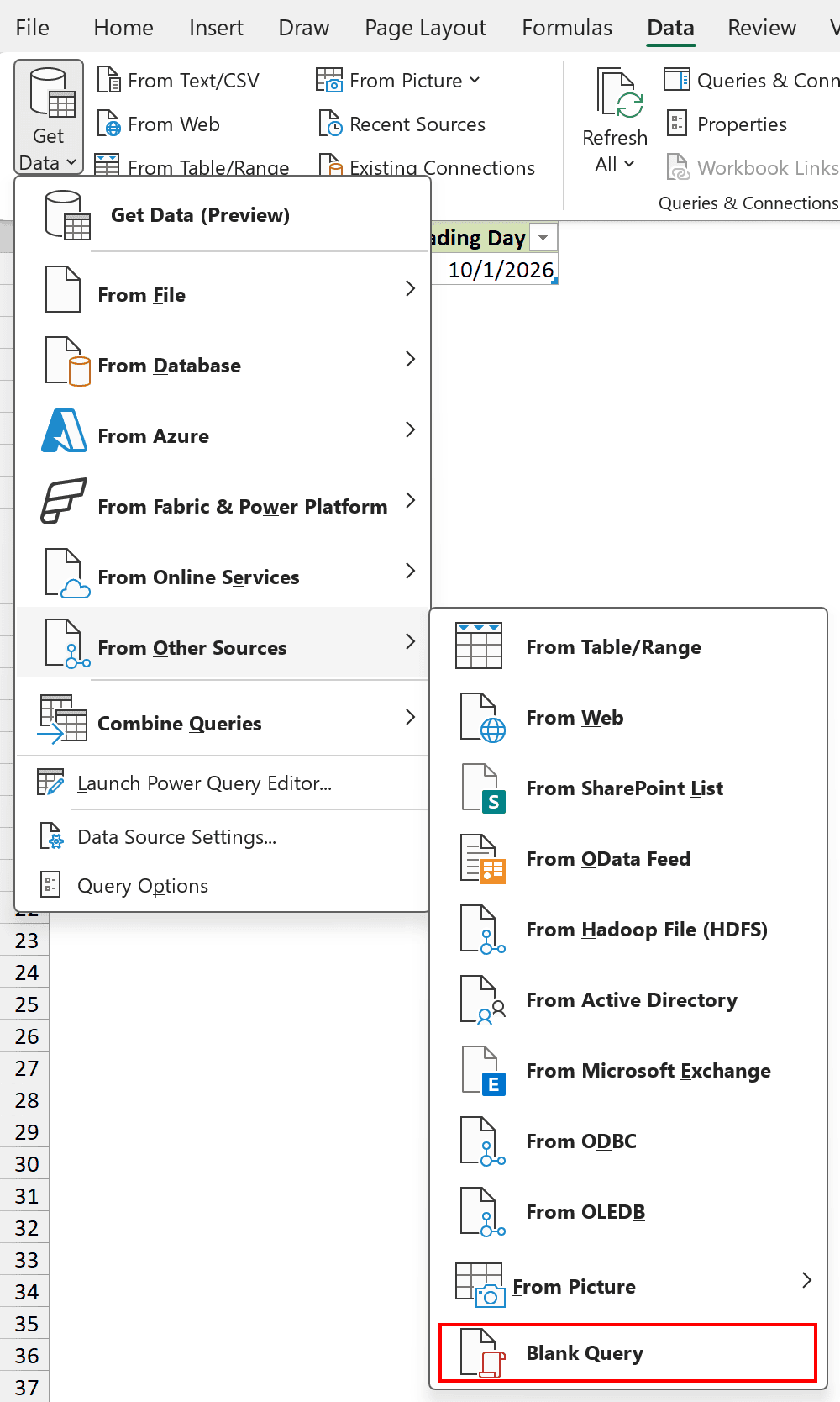 Blank Query command under Get Data and From Other Sources.