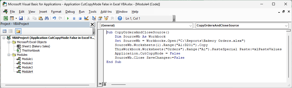 The VBA editor shows CopyOrdersAndCloseSource clearing Copy mode after pasting values and before closing the source workbook.
