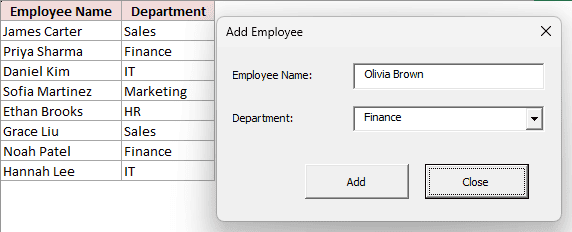Reopened Add Employee form retaining Olivia Brown and Finance after Me.Hide