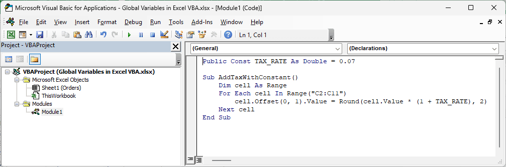 VBA code declares Public Const TAX_RATE As Double = 0.07 above the AddTaxWithConstant macro.