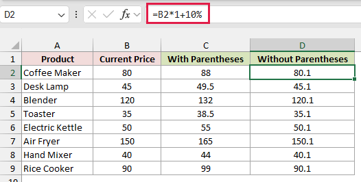 The formula =B2*1+10% adds only 0.1 to each price, producing 80.1 and 45.1 in column D.