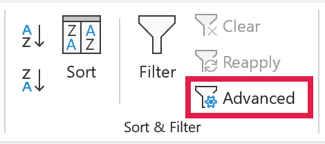 The Advanced button on the Data tab opens Advanced Filter.