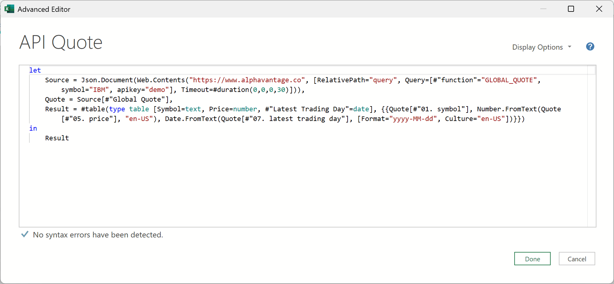 Power Query Advanced Editor containing the IBM stock quote query.