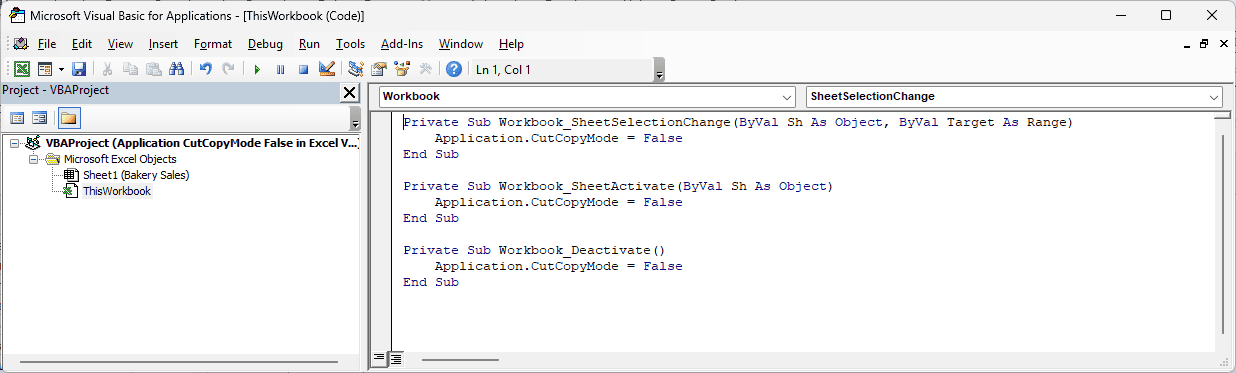 The ThisWorkbook module shows three workbook event procedures that each set Application.CutCopyMode = False.