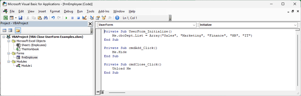 frmEmployee code with Initialize, Add using Me.Hide, and Close using Unload Me