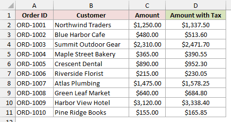Column D contains each order amount plus 7 percent tax, calculated using the fixed tax rate.